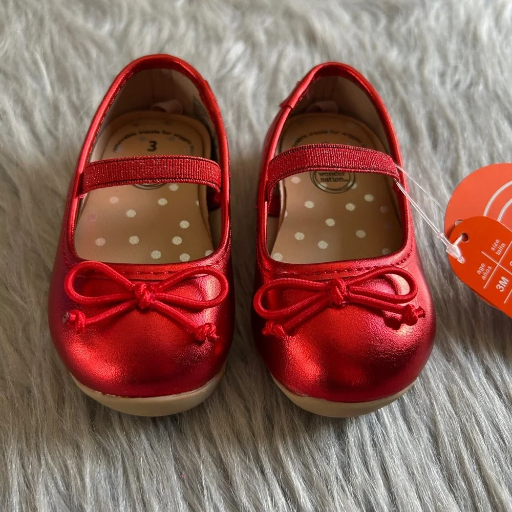 Wonder Nation Bow Ballet Shoes Baby Girls Size 3 Red Mary‎ Jane Slip On NEW